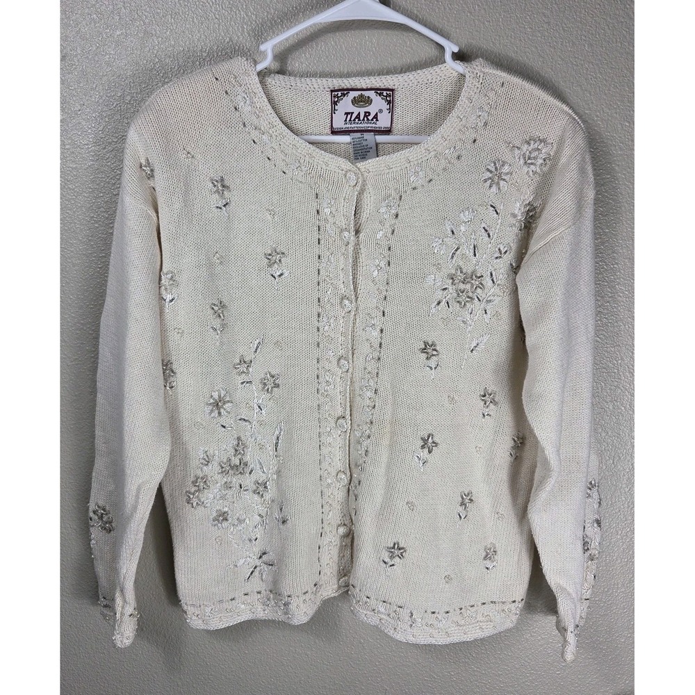 Tiara International Embellished Floral Beaded Cardigan Sweater Women's M‎ Ivory
